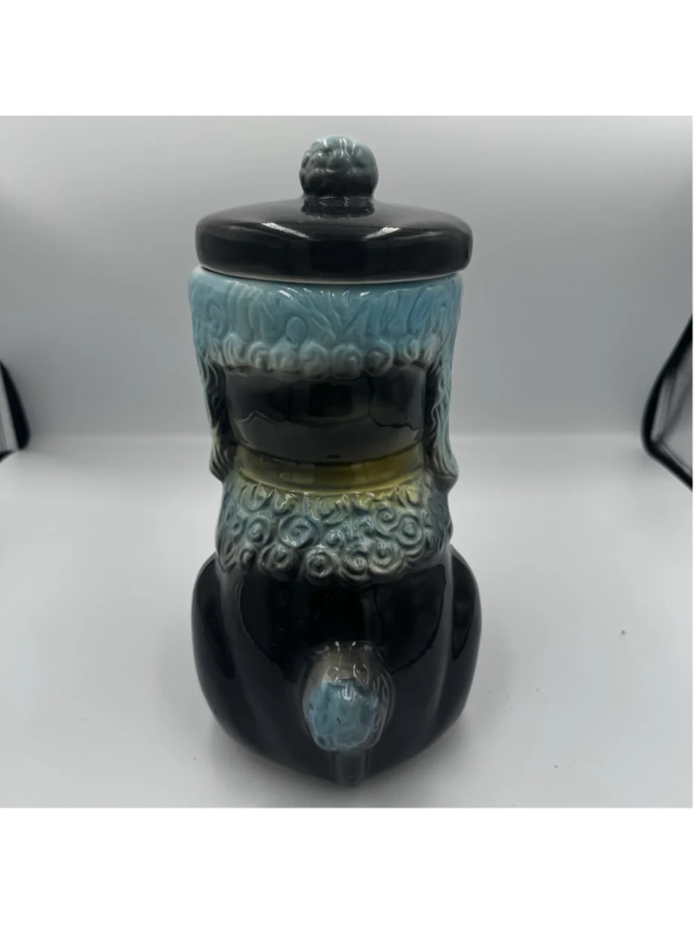 Vintage American Bisque Poodle Cookie Jar Blue Yellow Bow Tie Rare Mid Century